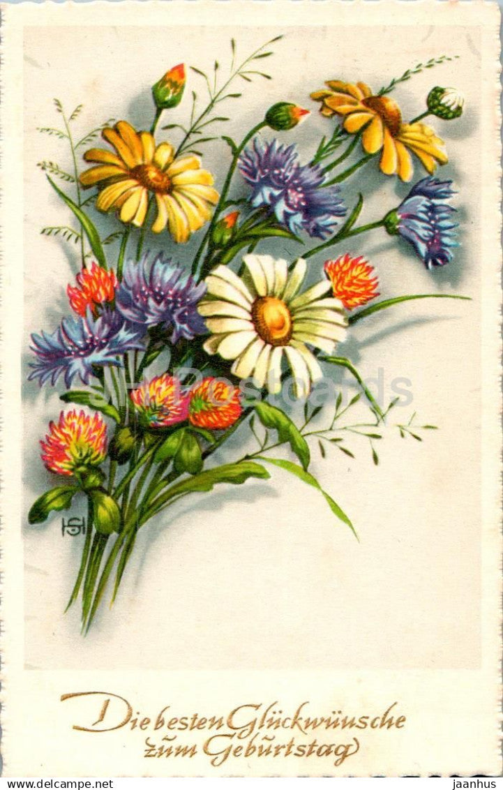 Birthday Greeting Card - Daisy - Die besten Gluckwunsche - cornflower - flowers - illustration - Germany - used - JH Postcards