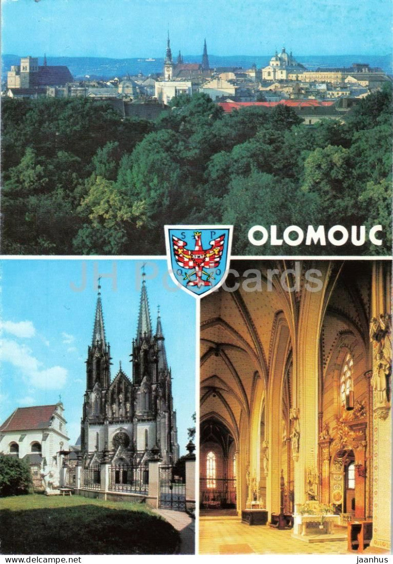 Olomouc - city panorama - church cathedral interior coat of arms - multiview - Czech Republic - Czechoslovakia - unused - JH Postcards