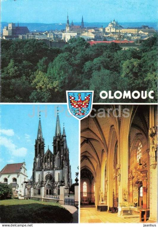 Olomouc - city panorama - church cathedral interior coat of arms - multiview - Czech Republic - Czechoslovakia - unused - JH Postcards