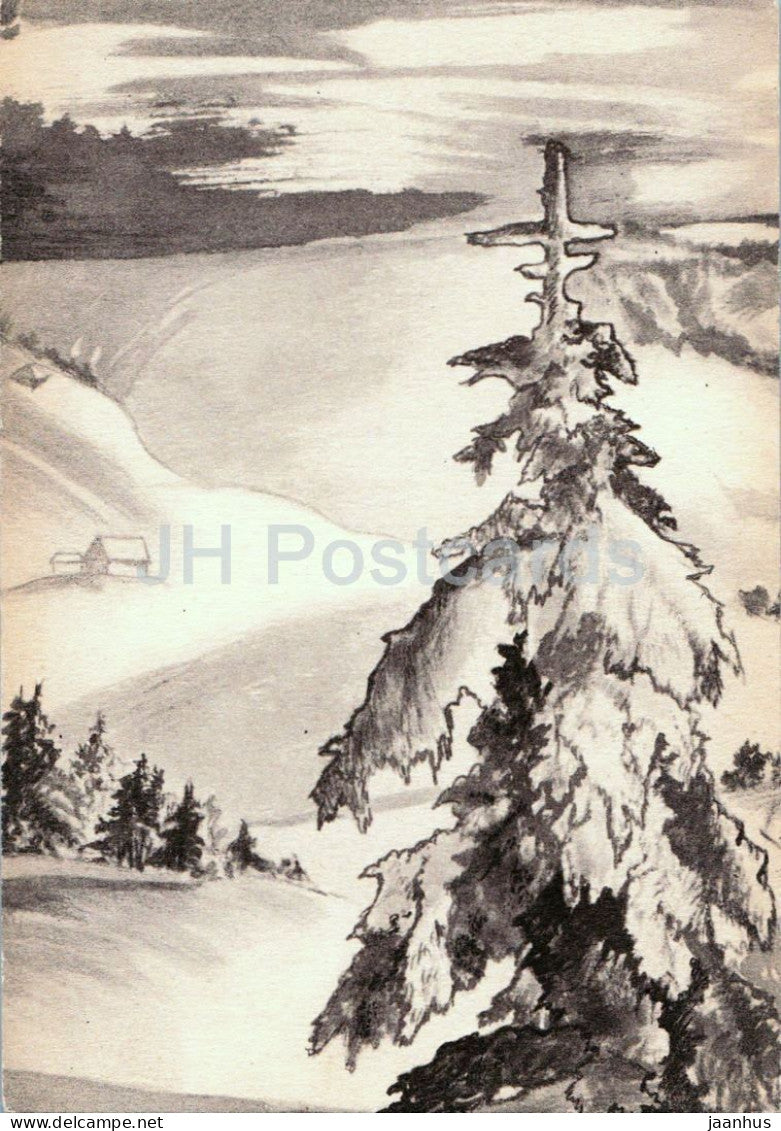 drawing - snowy mountain landscape - Curta & Co. - German art - Germany - unused - JH Postcards