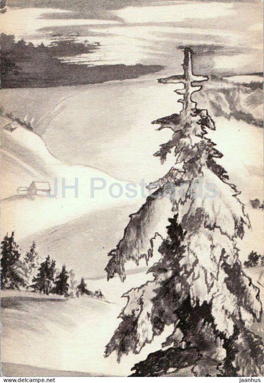 drawing - snowy mountain landscape - Curta & Co. - German art - Germany - unused - JH Postcards