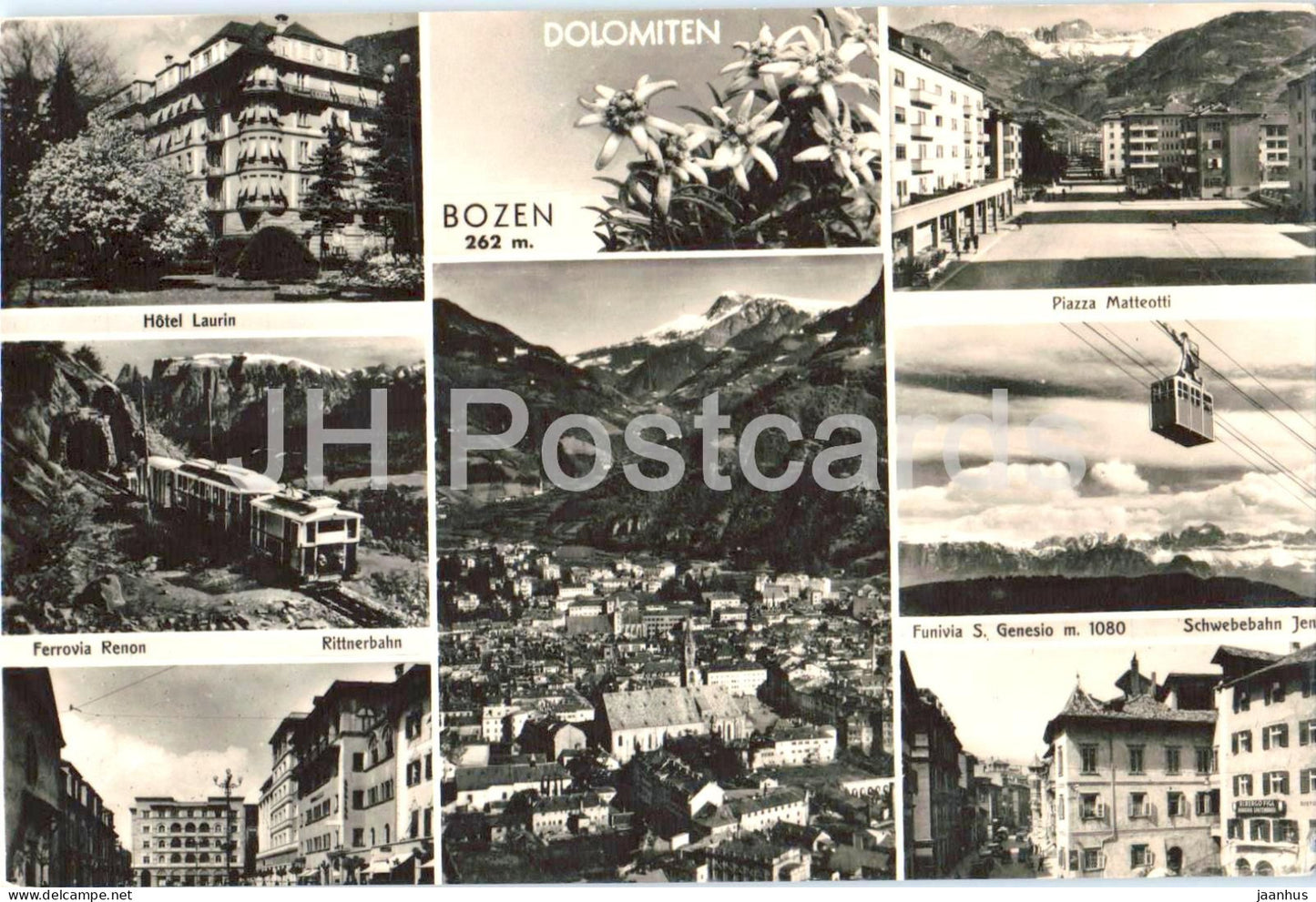 Bolzano - Dolomiten - Bozen 262 m - hotel cable car - town - mountains - multiview - old postcard - 1956 - Italy - used - JH Postcards