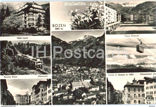 Bolzano - Dolomiten - Bozen 262 m - hotel cable car - town - mountains - multiview - old postcard - 1956 - Italy - used - JH Postcards