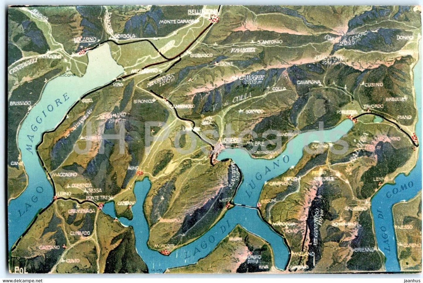 Suisse meridionale - Lago Maggiore - Lago di Lugano - Lago di Como - map - 5838 - old postcard - Switzerland - unused - JH Postcards
