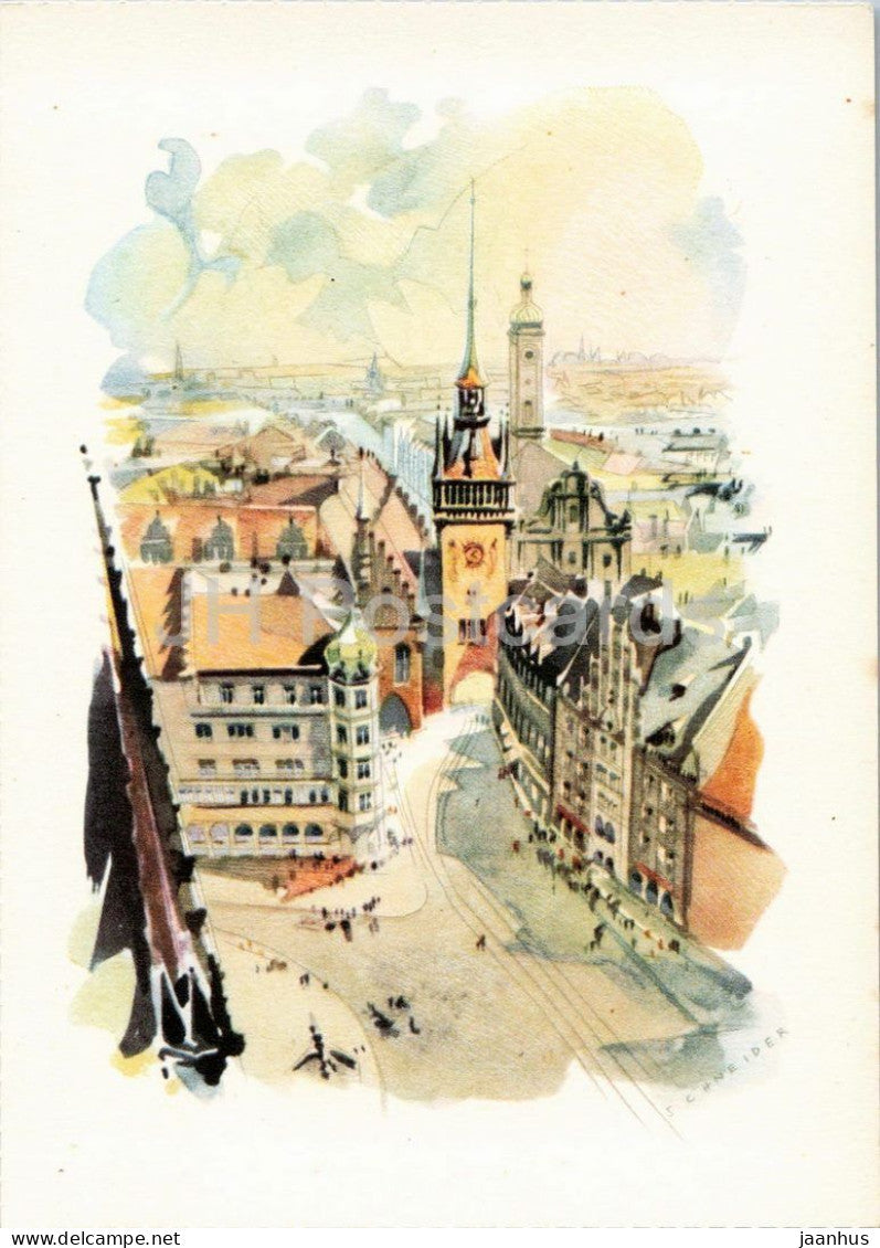 painting by H. Schneider - Old Town Hall in Munich - Eduscho - Altes Rathaus in Munchen - German art - Germany - unused - JH Postcards