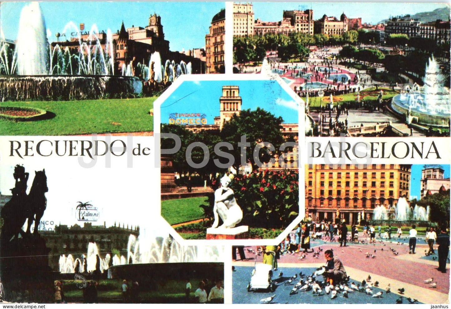 Recuerdo de Barcelona - Plaza de Cataluna - city square - fountain - architecture - multiview - 137 - Spain - used - JH Postcards