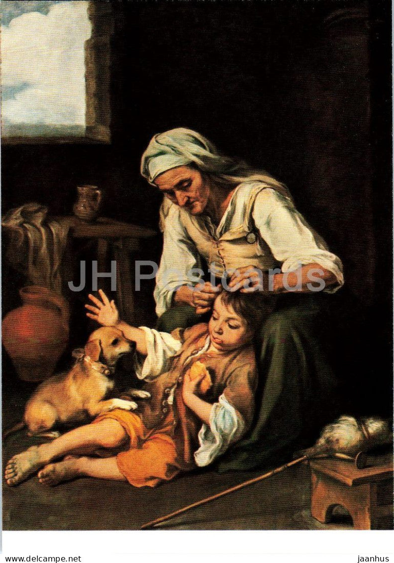 painting by Bartolome Esteban Murillo - Domestic Toilet - Hausliche Toilette - dog - Spanish art - Switzerland - unused - JH Postcards