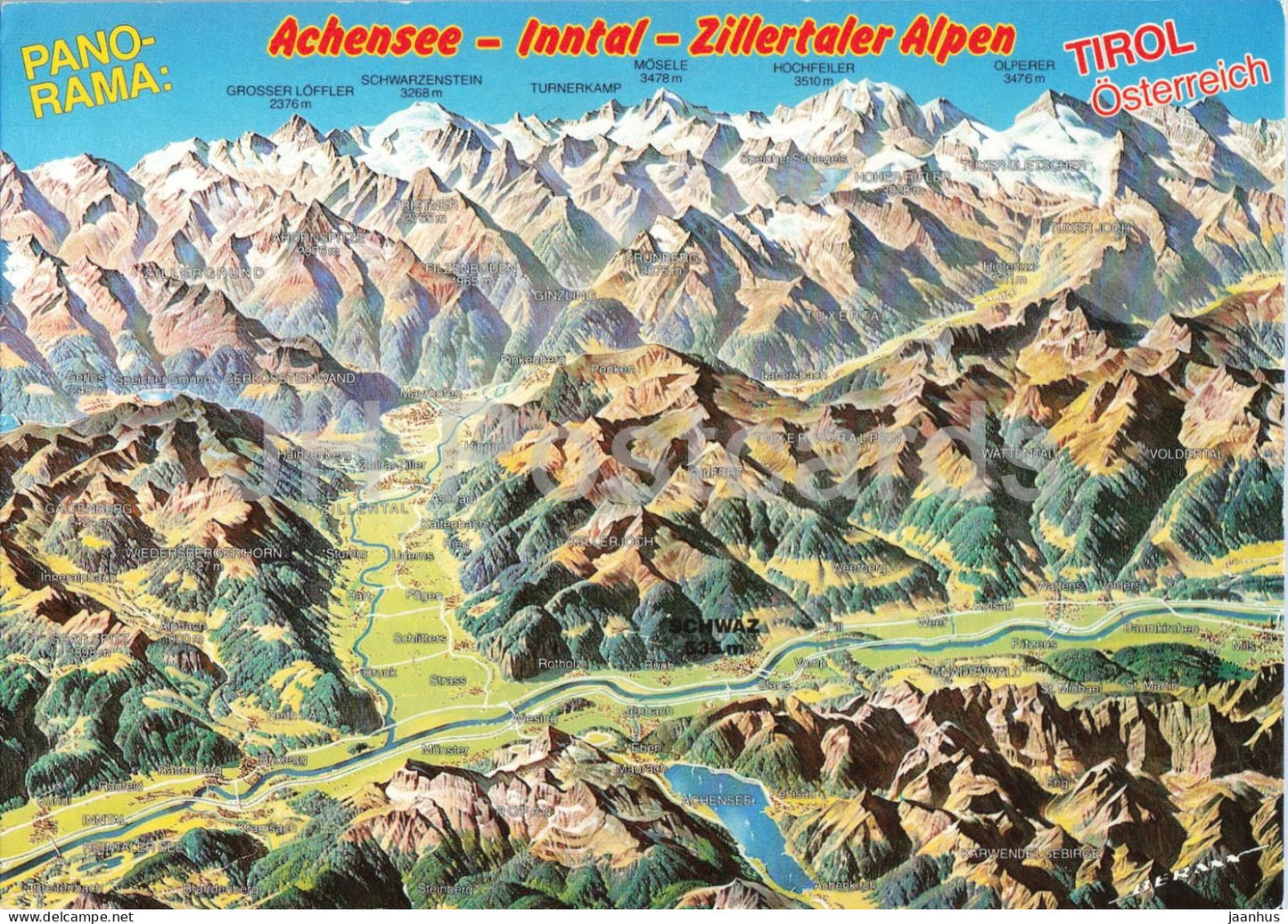 Panorama von Prof. Berann - Achensee - Inntal - Zillertal - Alps - map - mountains - 2034 - Austria - unused - JH Postcards