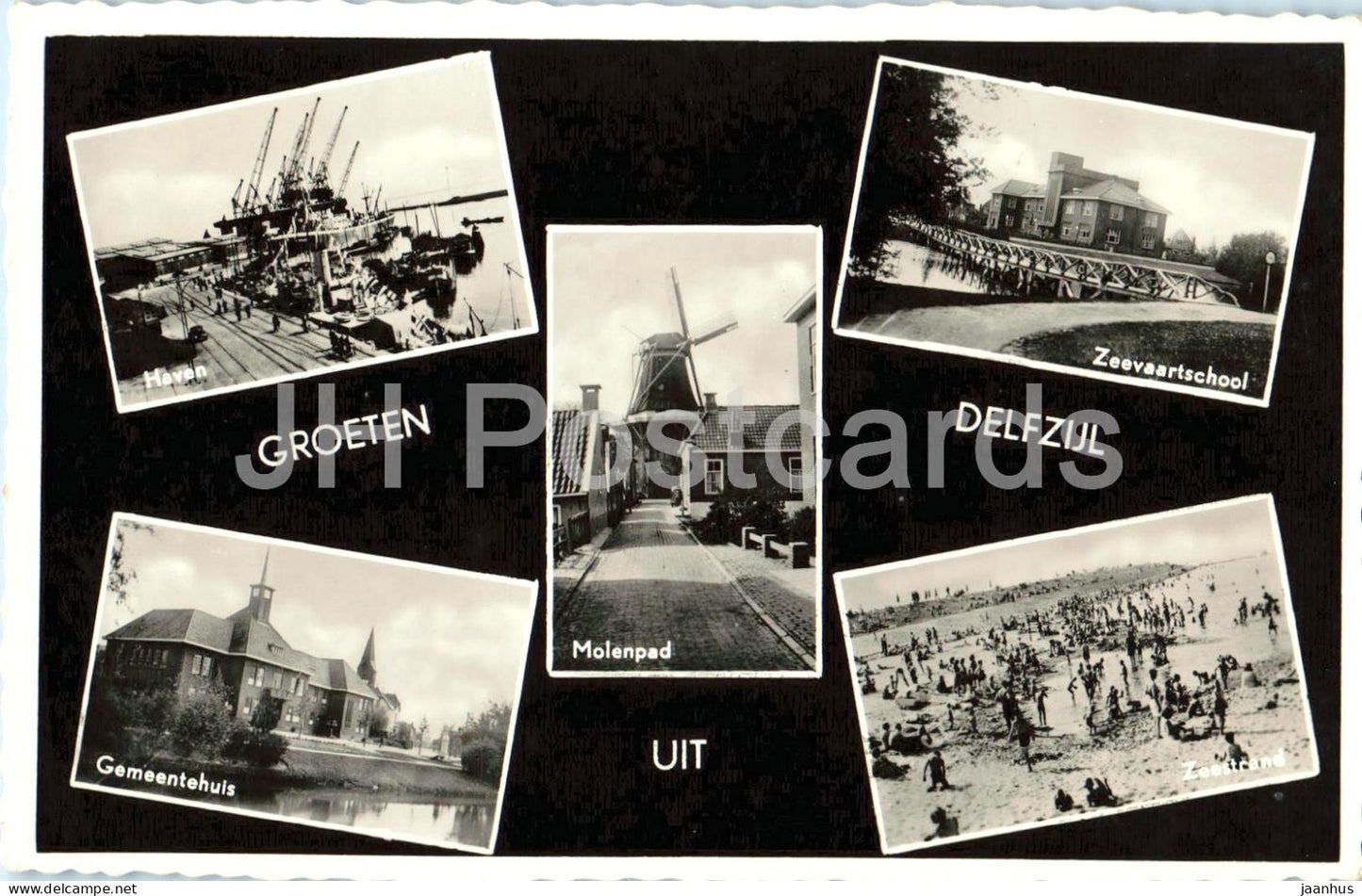 Groeten uit Delfzijl - Greetings - windmill - Gemeentehuis - Molenpad - old postcard 1958 - Netherlands - used - JH Postcards