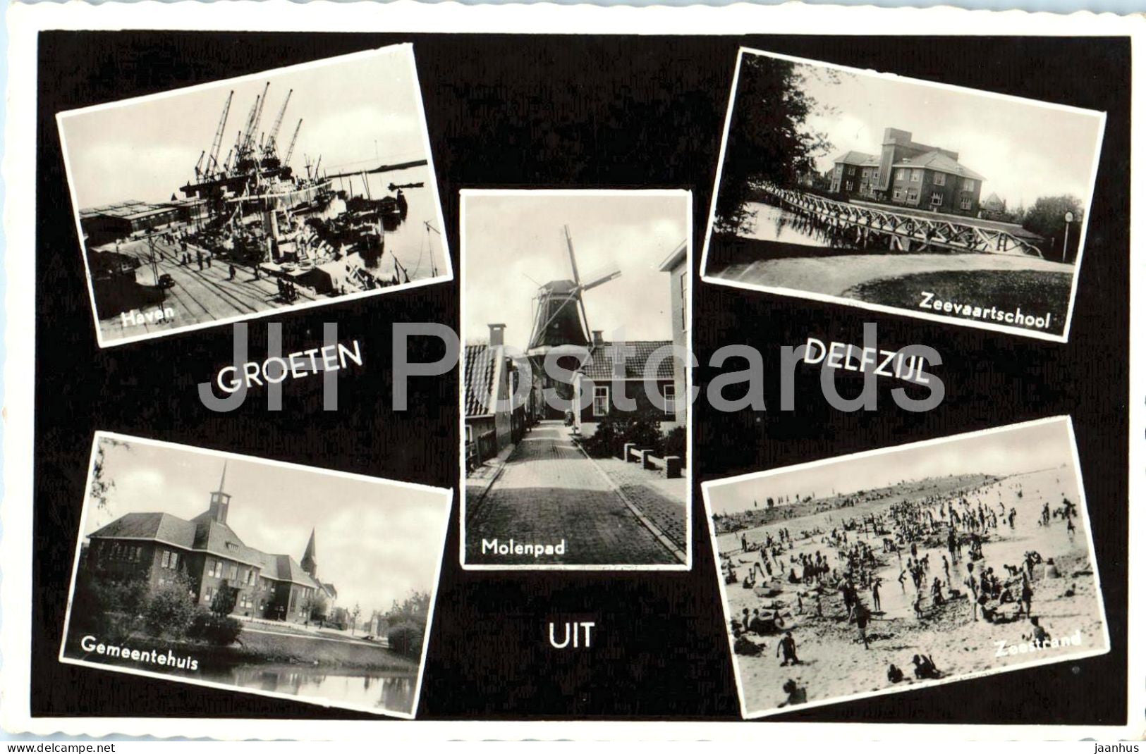 Groeten uit Delfzijl - Greetings - windmill - Gemeentehuis - Molenpad - old postcard 1958 - Netherlands - used - JH Postcards