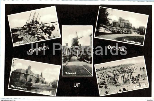 Groeten uit Delfzijl - Greetings - windmill - Gemeentehuis - Molenpad - old postcard 1958 - Netherlands - used - JH Postcards