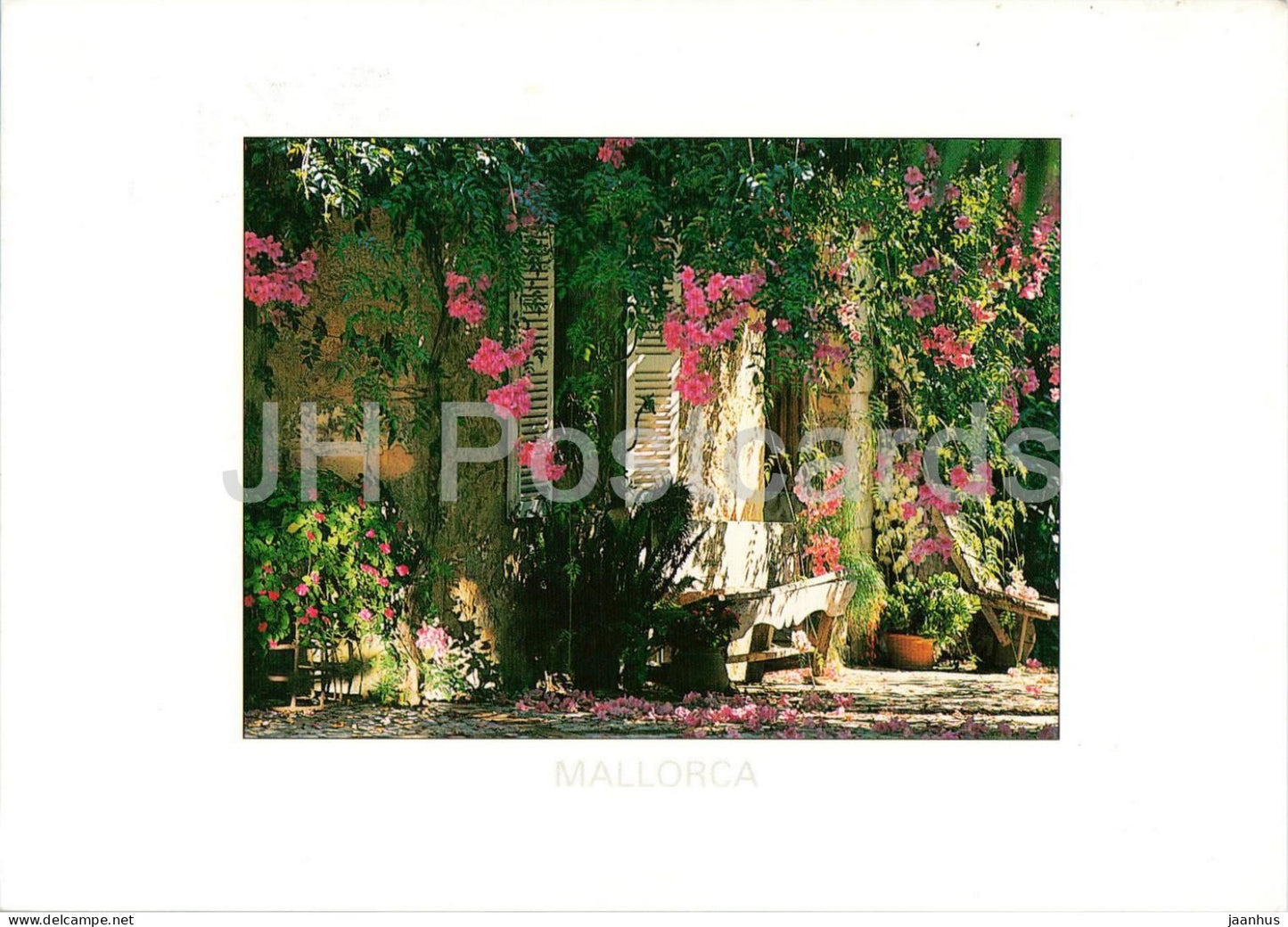 Mallorca courtyard flowers - patio bougainvillea shutters - Mediterranean house - 1998 - Spain - used - JH Postcards