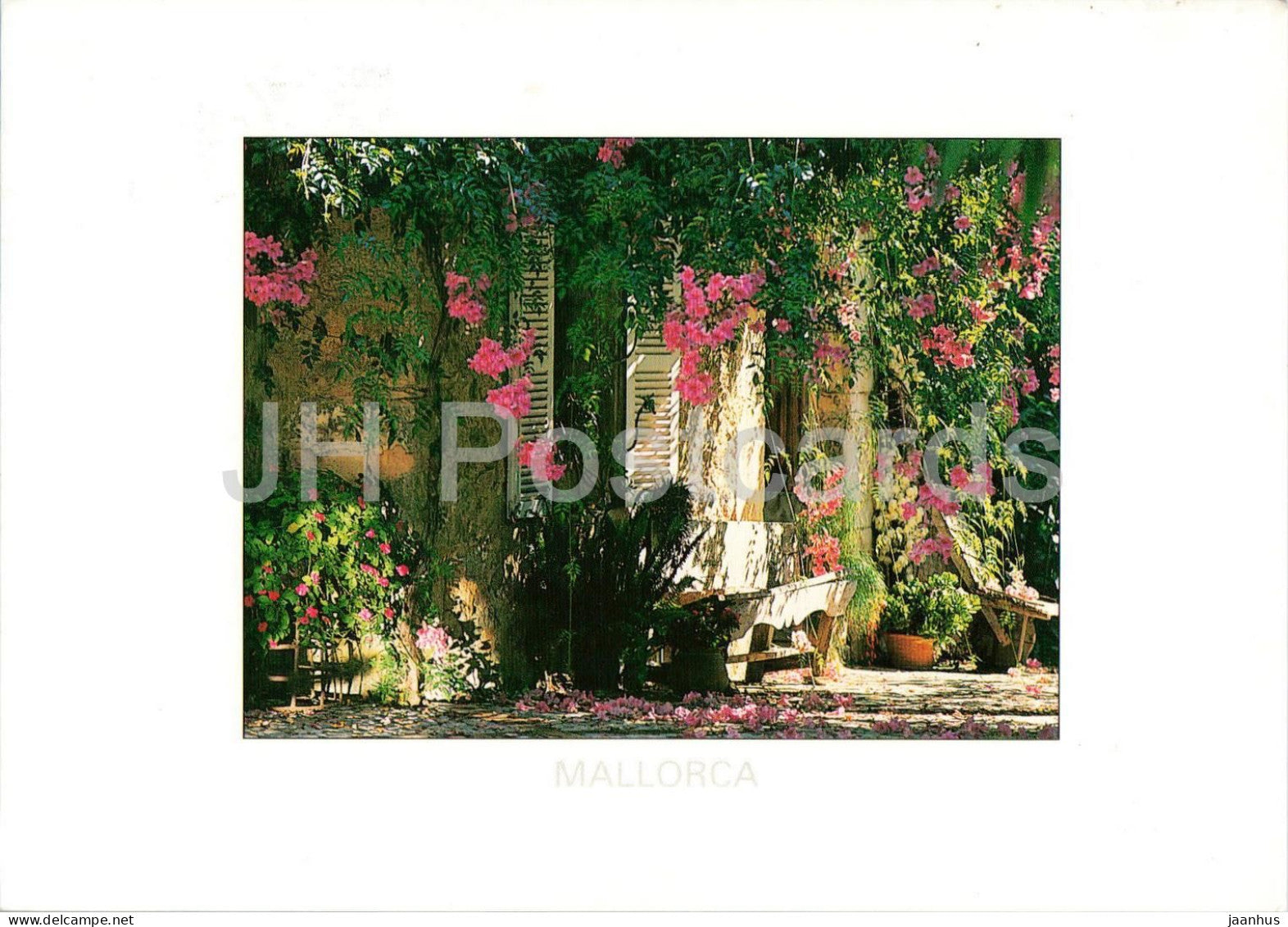 Mallorca courtyard flowers - patio bougainvillea shutters - Mediterranean house - 1998 - Spain - used - JH Postcards
