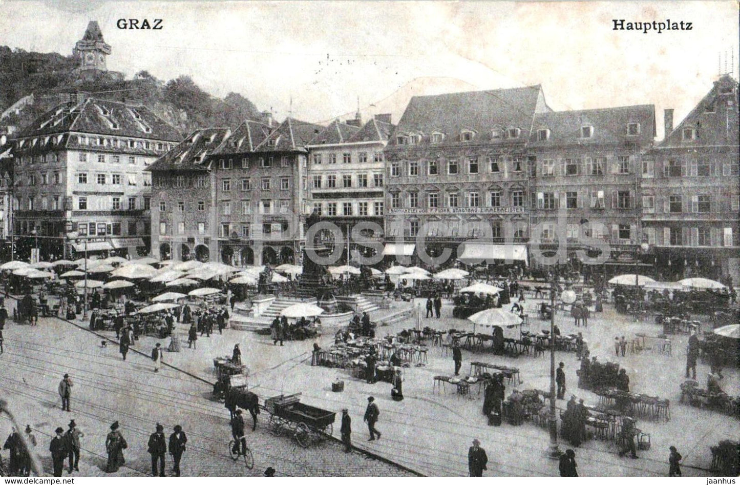 Graz Hauptplatz - Main Square Graz - marketplace - clocktower - city view - 3975 - old postcard - 1908 - Austria - used - JH Postcards