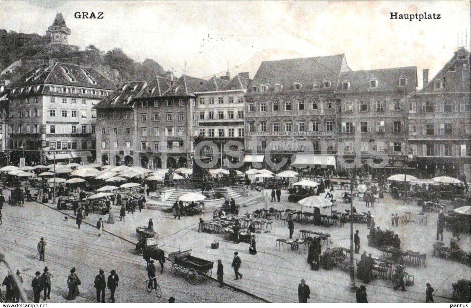 Graz Hauptplatz - Main Square Graz - marketplace - clocktower - city view - 3975 - old postcard - 1908 - Austria - used - JH Postcards