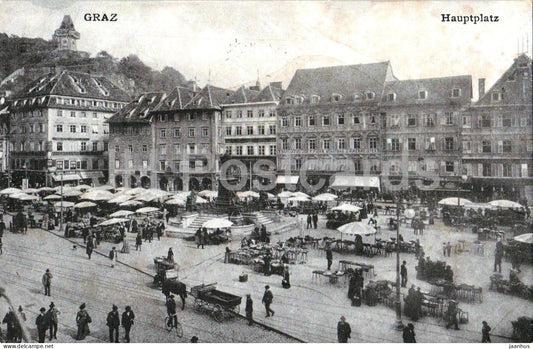Graz Hauptplatz - Main Square Graz - marketplace - clocktower - city view - 3975 - old postcard - 1908 - Austria - used - JH Postcards