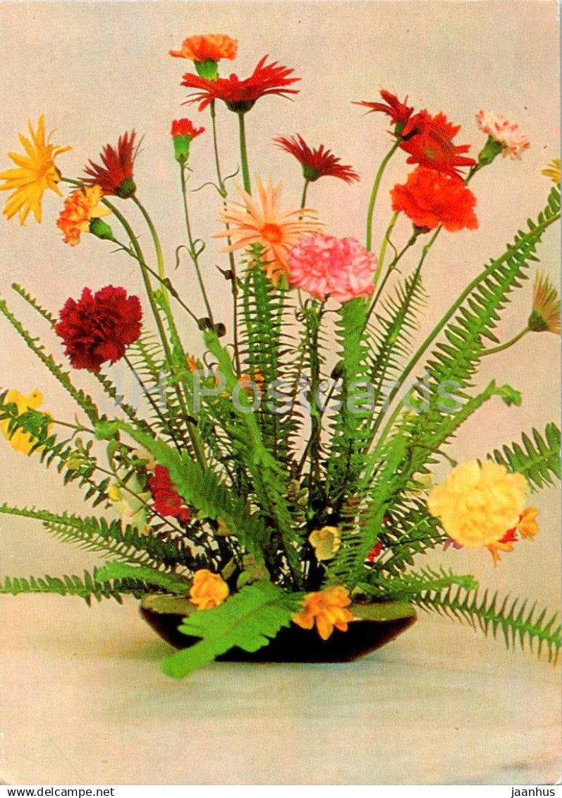 Birthday Greeting Card - Carnation composition - fern - flowers - postal stationery - 1986 - Russia USSR - used - JH Postcards