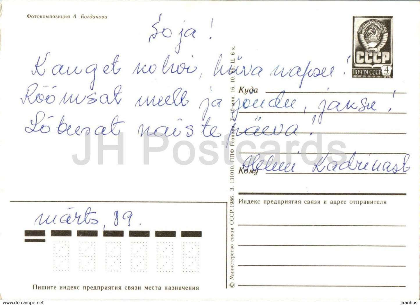 Birthday Greeting Card - Carnation composition - fern - flowers - postal stationery - 1986 - Russia USSR - used