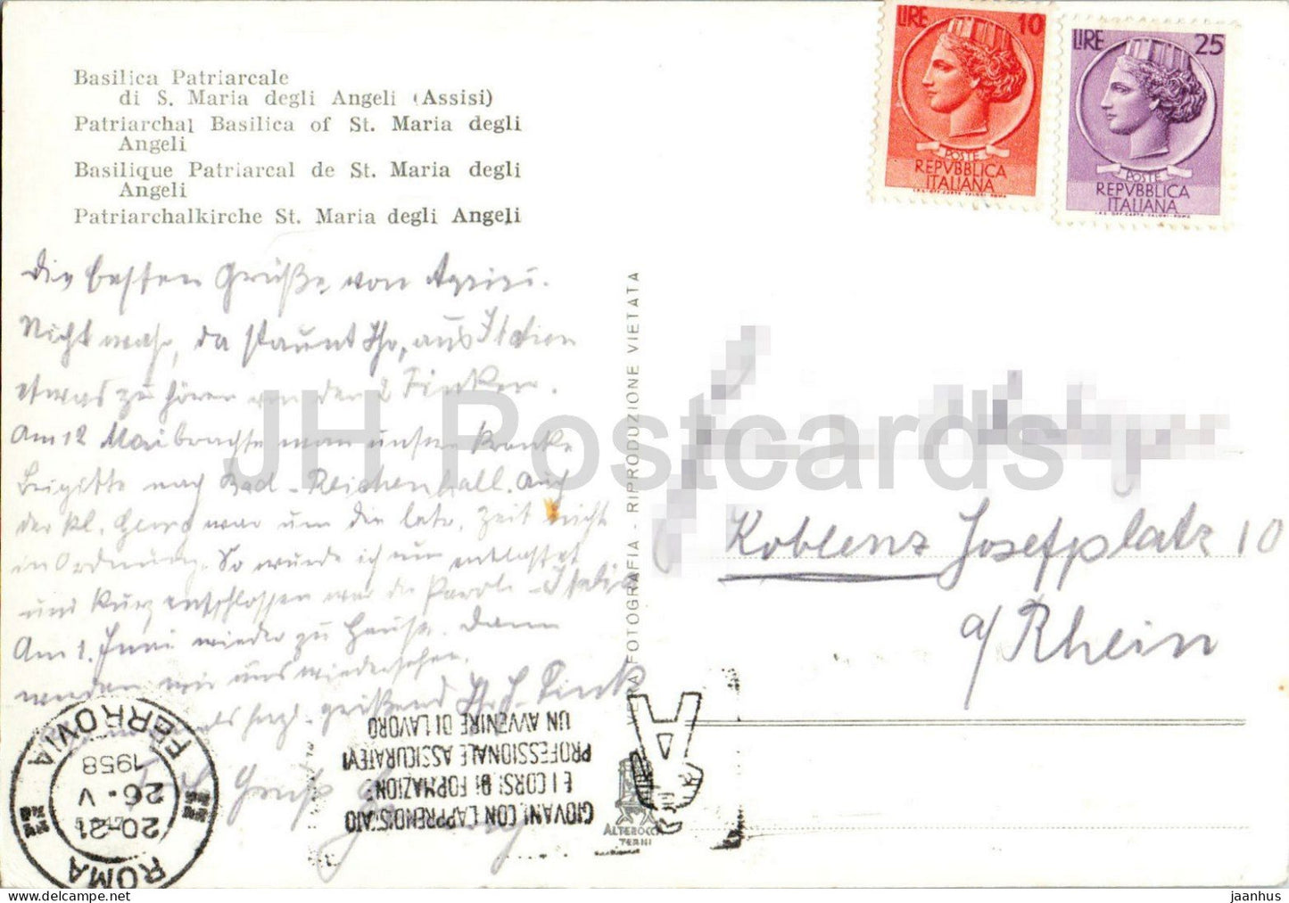 Assise - Basilique Patriarcale de Sainte-Marie des Anges - La Roseraie - cathédrale - vieille carte postale - 1958 - Italie - oblitérée