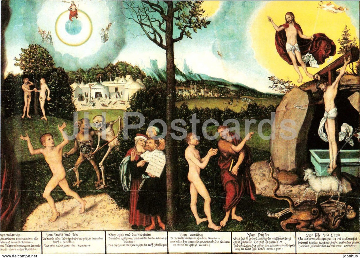 painting by Lucas Cranach the Elder - Law and Grace - Sundenfall und Erlosung - German art - 1982 - Germany DDR - unused - JH Postcards