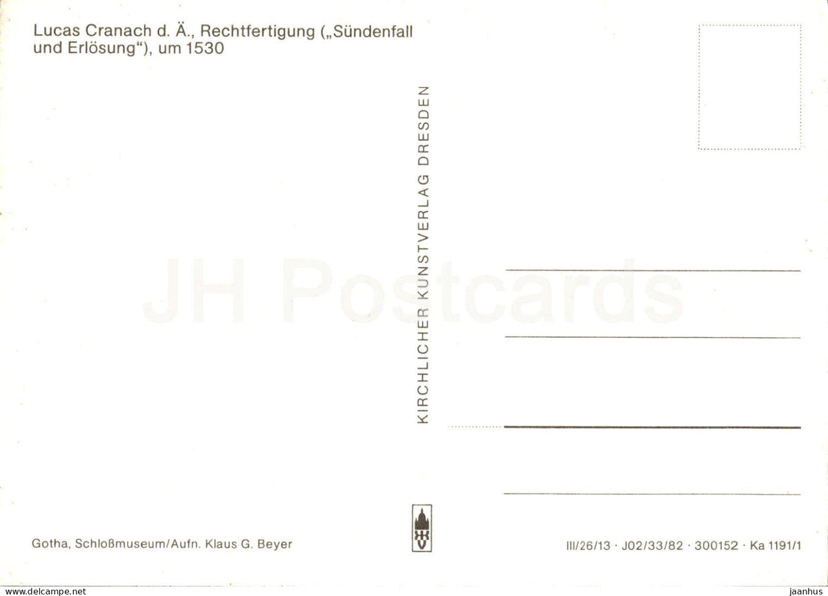 painting by Lucas Cranach the Elder - Law and Grace - Sundenfall und Erlosung - German art - 1982 - Germany DDR - unused