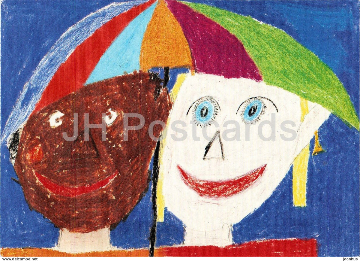 childrens drawing - two children with umbrella - Zeichnung von Michael 12 Jahre - 1990s - Germany - unused - JH Postcards