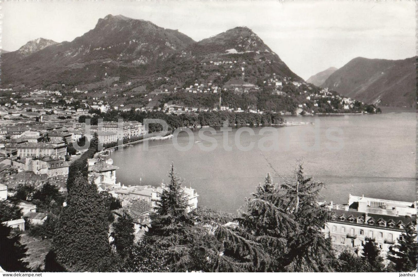 Lugano e Monte Bre - lake - alpine town - panorama - 2520 - old postcard - 1954 - Switzerland - used - JH Postcards