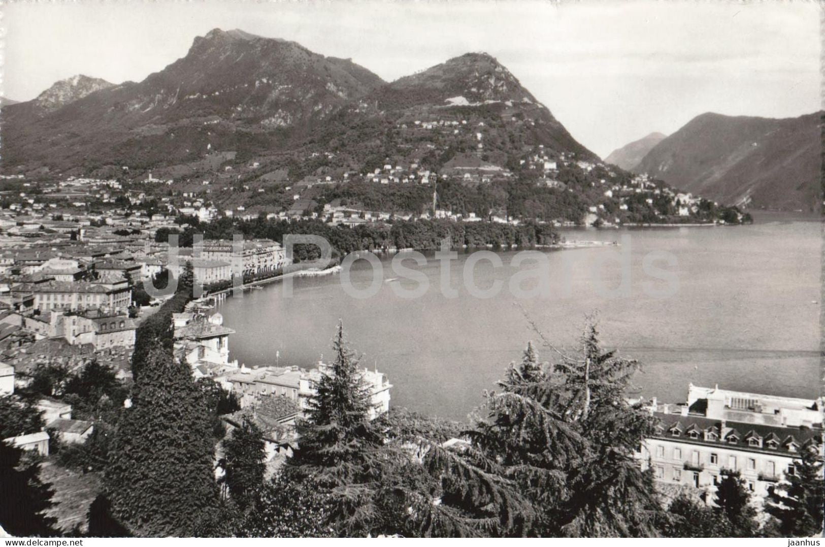 Lugano e Monte Bre - lake - alpine town - panorama - 2520 - old postcard - 1954 - Switzerland - used - JH Postcards