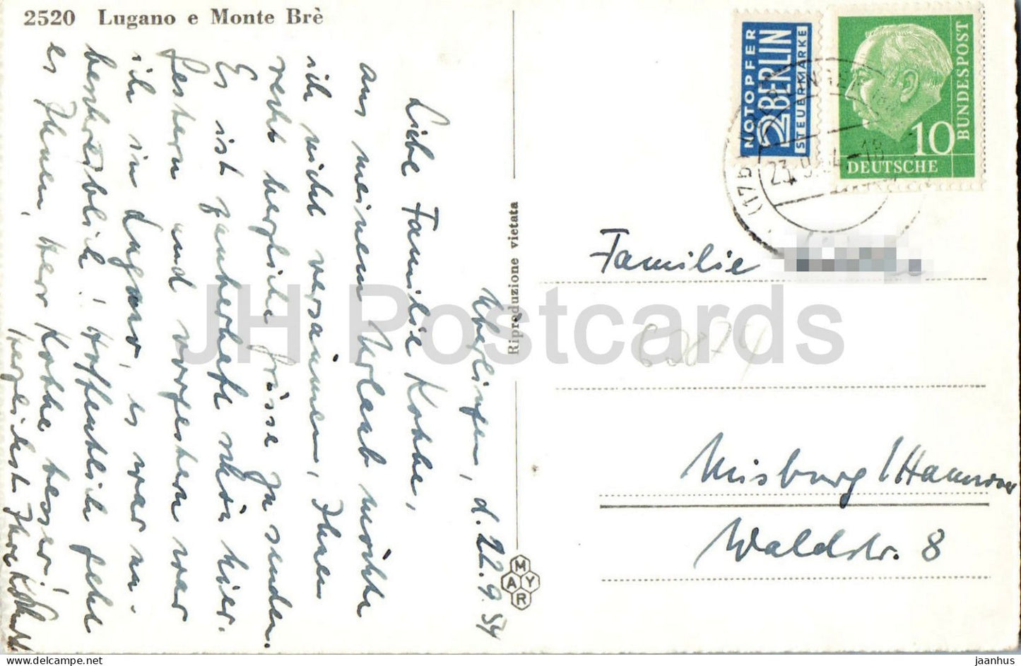 Lugano et Monte Brè - lac - ville alpine - panorama - 2520 - vieille carte postale - 1954 - Suisse - oblitérée