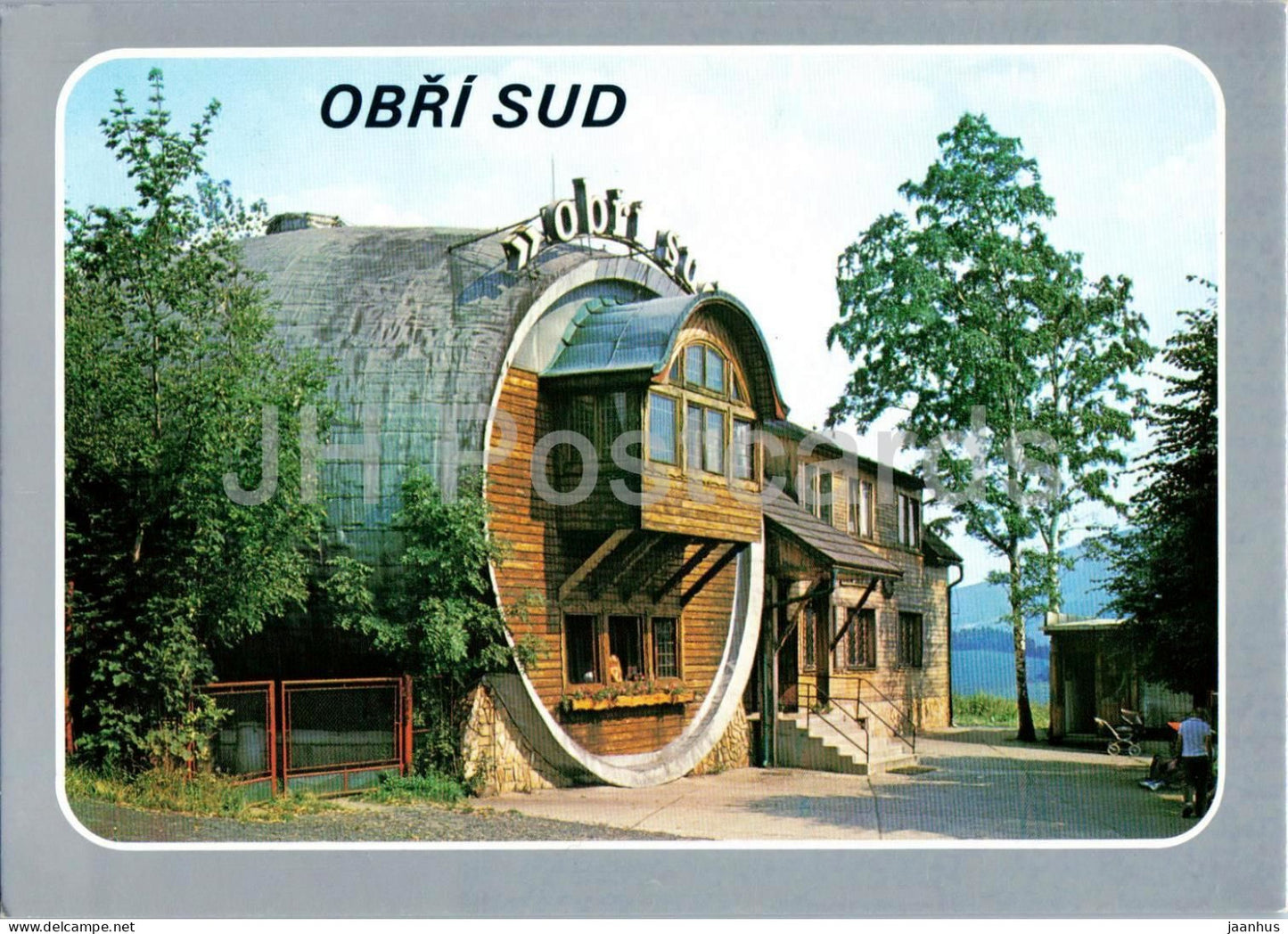 Obri Sud - Giant Barrel - mountain restaurant - wooden architecture - Czech Republic - Czechoslovakia - unused - JH Postcards