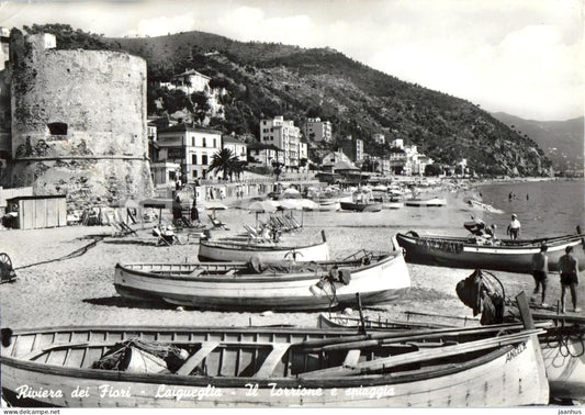 Riviera dei Fiori - Laigueglia - Il Torrione e spiaggia - Tower and beach - boat - beach - 1964 - Italy - used - JH Postcards