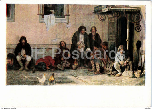 painting by G. G. Myasoyedov - The Zemstvo at Dinner - birds - Russian art - old postcard - 1958 - Russia USSR - unused - JH Postcards