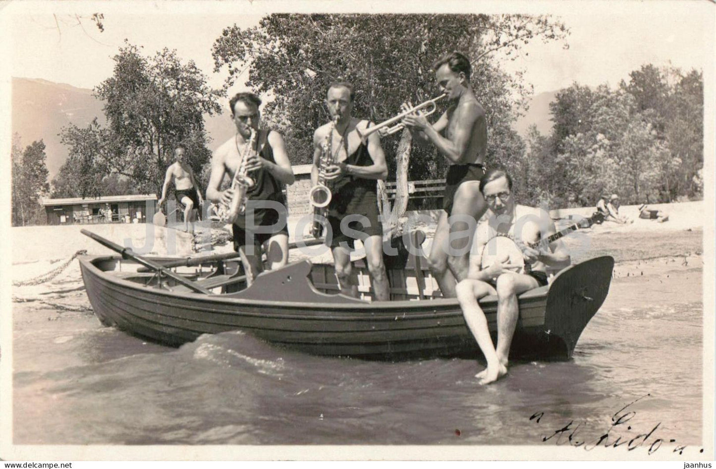 Ascona - Musiker auf Boot - Musicians on boat - music - jazz band - photo - old postcard - 1928 - Switzerland - used - JH Postcards