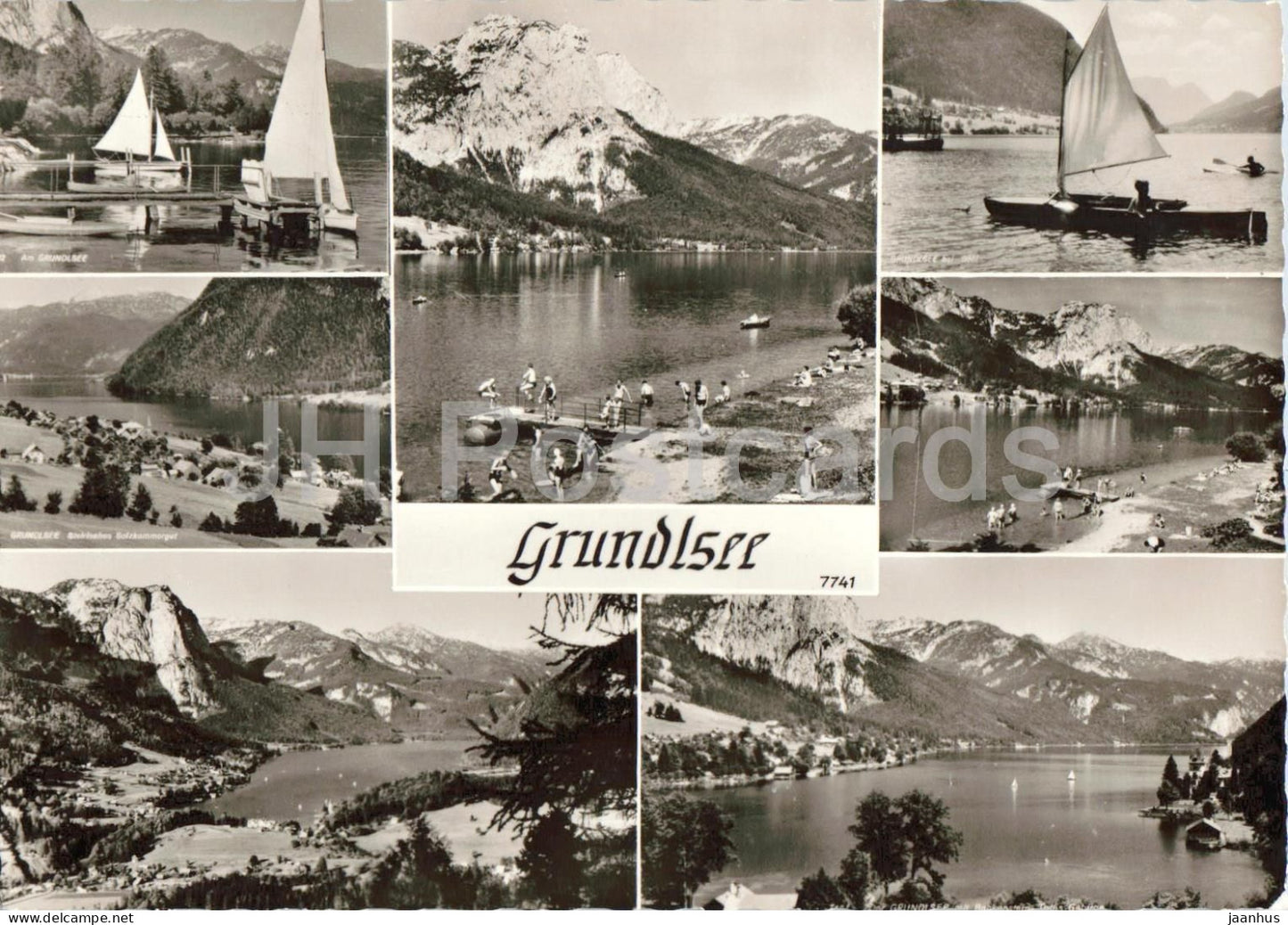 Grundlsee - lake - sailing boats - village - alpine landscape - multiview - 7741 - old postcard - Austria - unused - JH Postcards