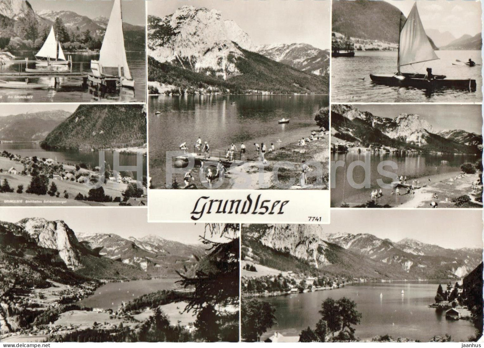 Grundlsee - lake - sailing boats - village - alpine landscape - multiview - 7741 - old postcard - Austria - unused - JH Postcards