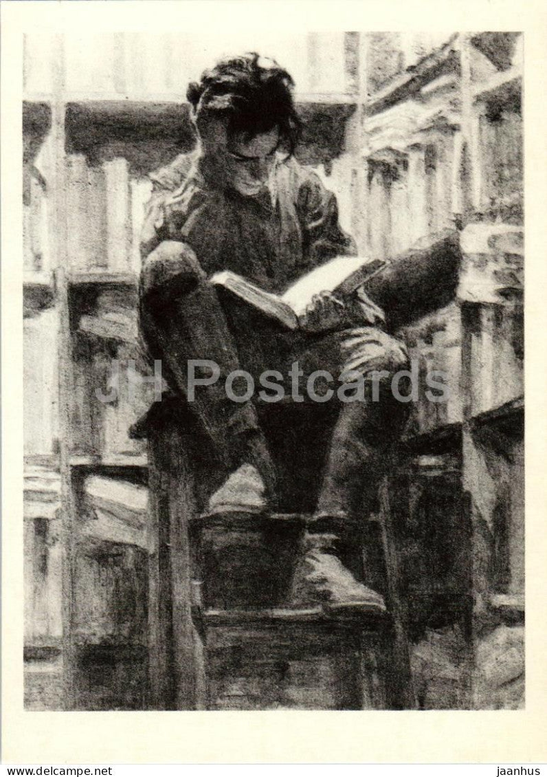 How the Steel Was Tempered by Ostrovsky - In Library - Pavel Korchagin - illustration - 1974 - Russia USSR - unused - JH Postcards