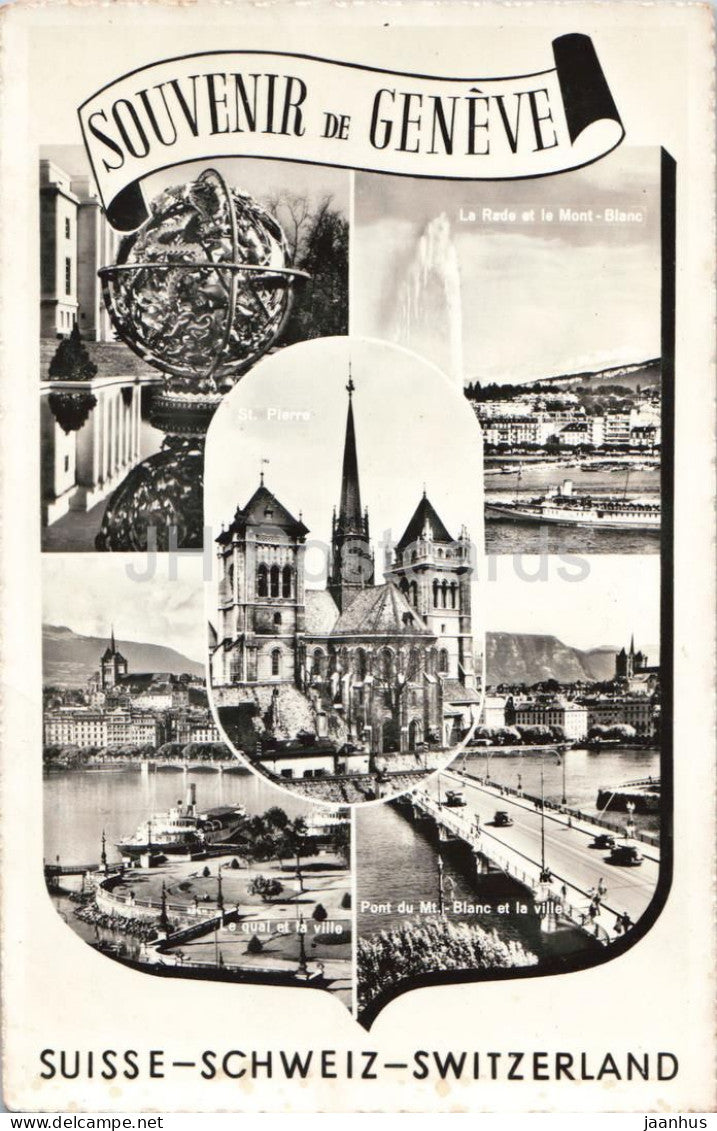 Geneva - Souvenir de Geneve - St Pierre cathedral Mont Blanc - bridge - multiview - old postcard - Switzerland - unused - JH Postcards