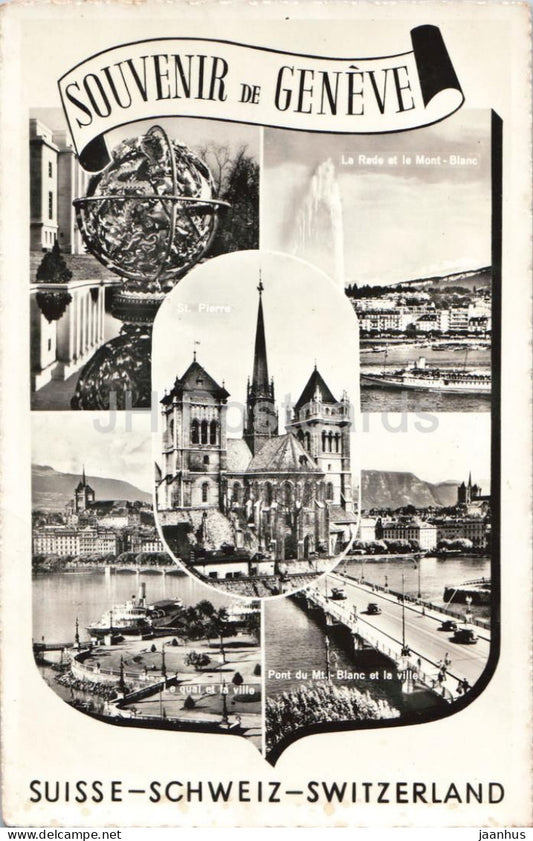 Geneva - Souvenir de Geneve - St Pierre cathedral Mont Blanc - bridge - multiview - old postcard - Switzerland - unused - JH Postcards