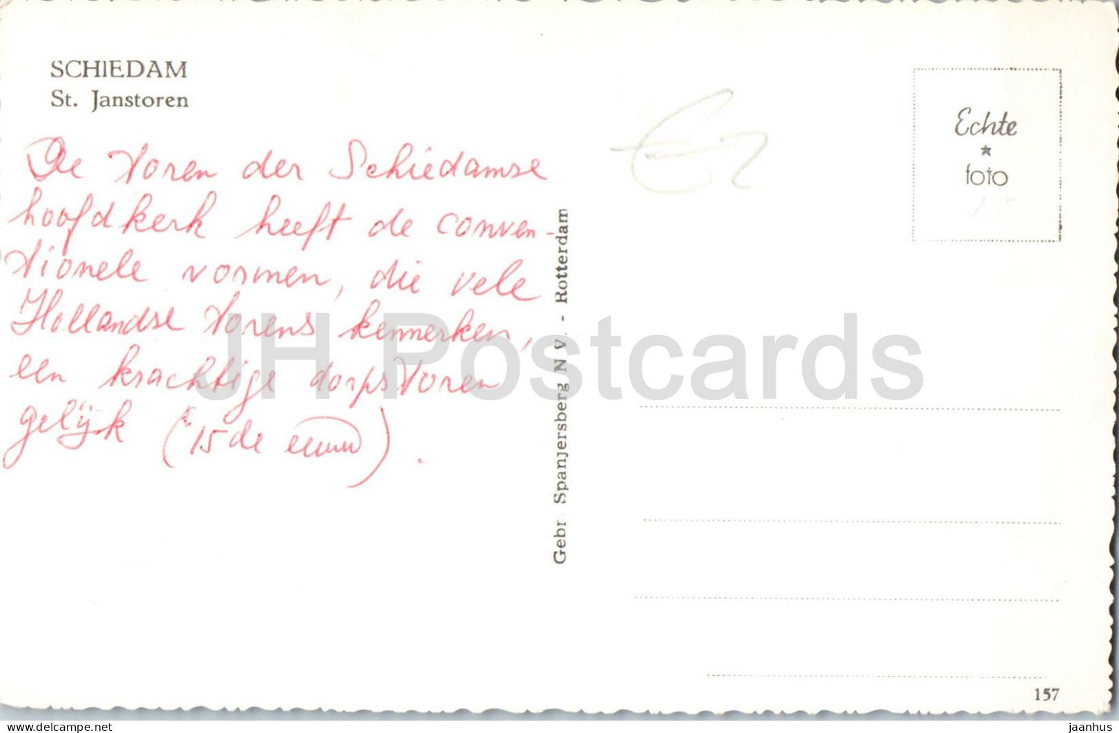 Schiedam St. Janstoren - St. Johns tower - church tower - car - 157 - old postcard - Netherlands - unused - JH Postcards