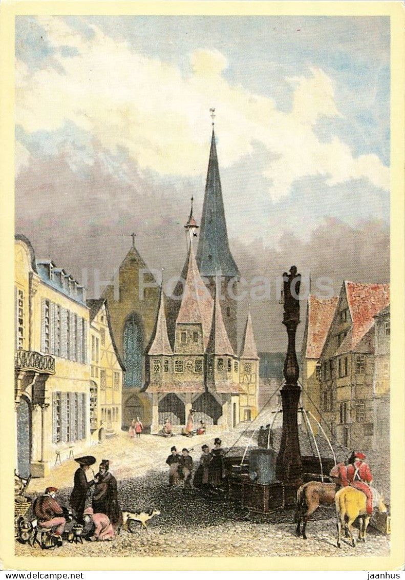 The Market Place in Michelstadt - Der Marktplatz in Michelstadt - horse - painting - German art 1984 - Germany - unused - JH Postcards