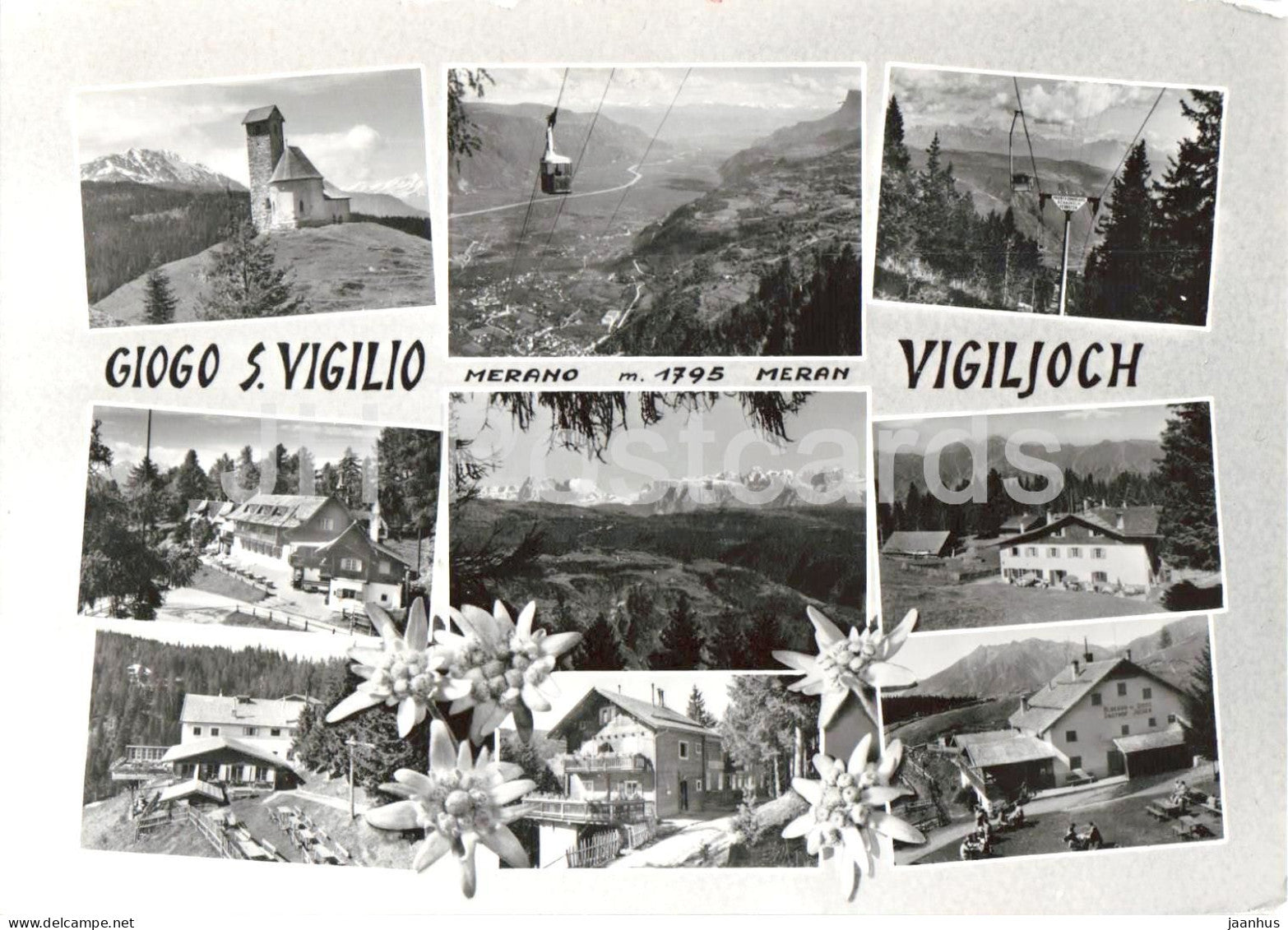 Giogo S. Vigilio - Merano 1795 m - Vigiljoch - cable car - mountains - multiview - 10621 - old postcard - Italy - unused - JH Postcards