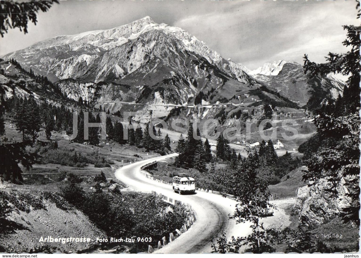 Arlbergstrasse - mountain road - alpine landscape - bus - Alps - 9603 - old postcard - Austria - unused - JH Postcards