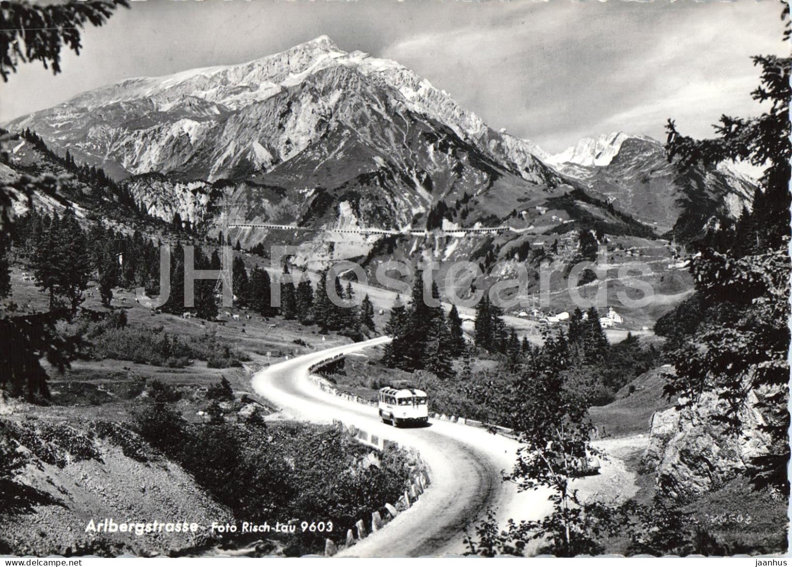 Arlbergstrasse - mountain road - alpine landscape - bus - Alps - 9603 - old postcard - Austria - unused - JH Postcards