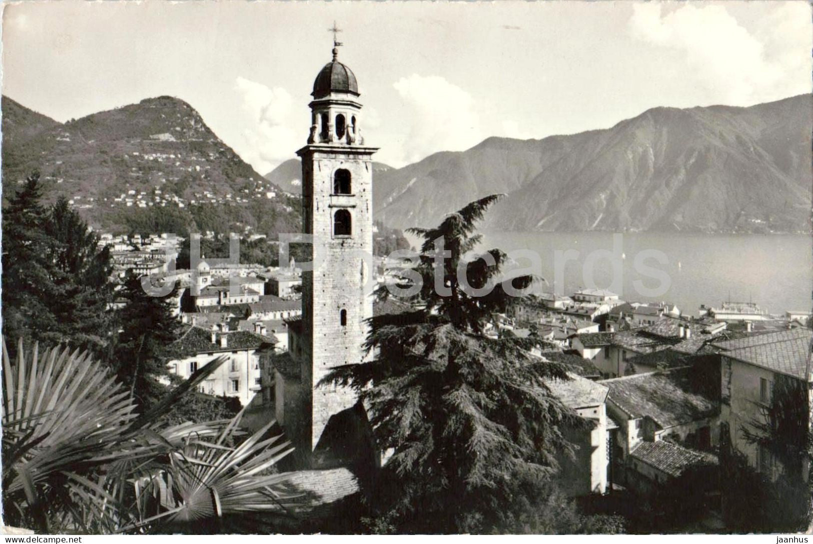 Lugano - Bell Tower - lake - church tower - Ticino - Alps - mountains - 4405 - old postcard - 1957 - Switzerland - used - JH Postcards