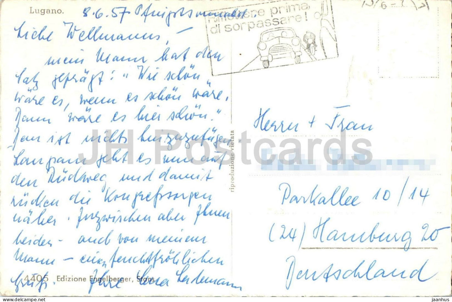Lugano - Bell Tower - lake - church tower - Ticino - Alps - mountains - 4405 - old postcard - 1957 - Switzerland - used