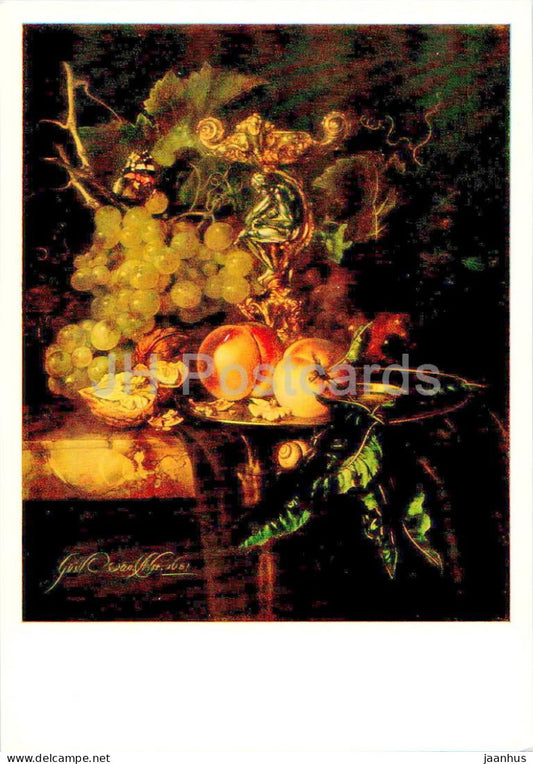 painting by Willem van Aelst - Still Life with Fruit - grape - peach - Dutch art - 1985 - Russia USSR - unused - JH Postcards