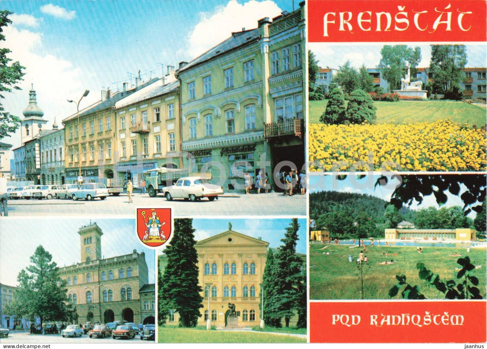 Frenstat pod Radhostem - square - town hall swimming car Volga - multiview - Czech Republic - Czechoslovakia - unused - JH Postcards