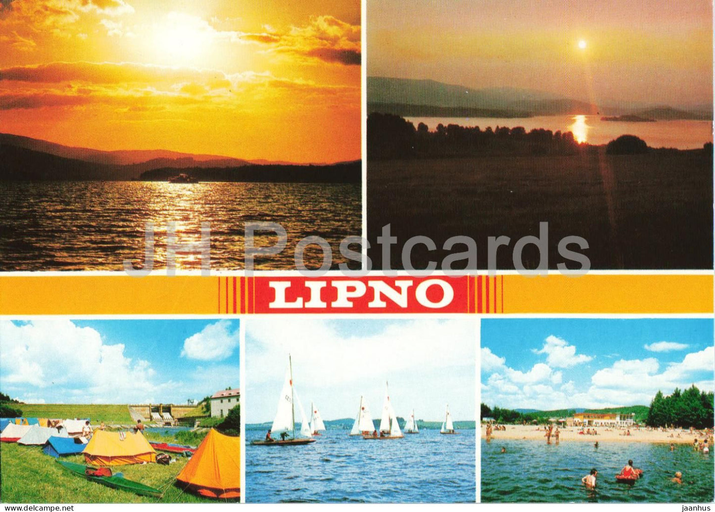 Lipno Reservoir - lake - sunset - sailing boats beach camping dam - multiview - Czech Republic - Czechoslovakia - unused - JH Postcards