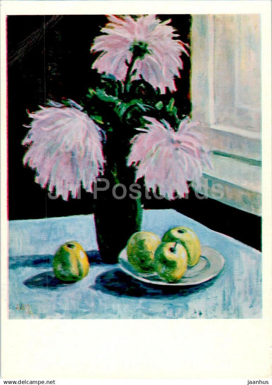 Birthday Greeting Card by A. Alas - Chrysanthemum - vase - apple - flowers - illustration - 1966 - Estonia USSR - used - JH Postcards