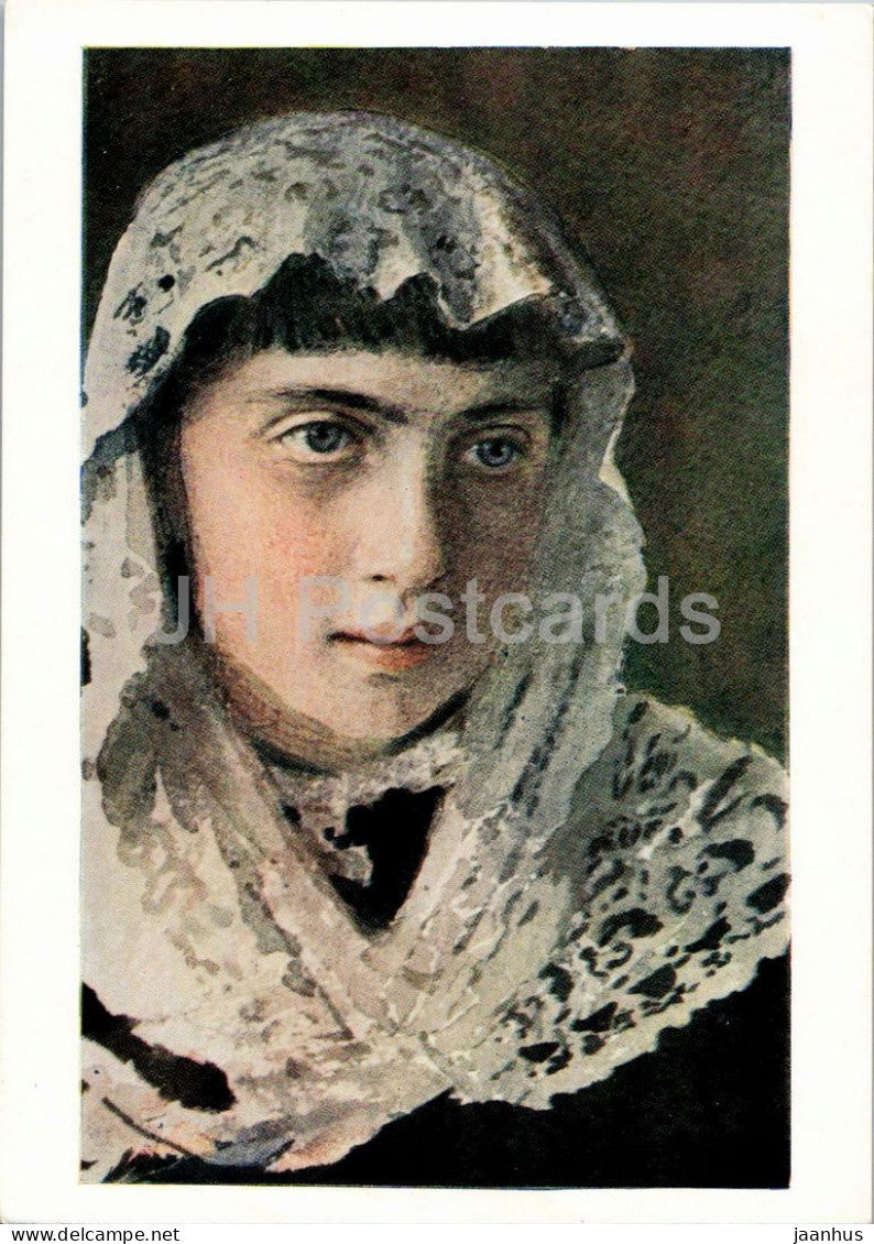 watercolor by Ivan Kramskoy - Portrait of the Artists Daughter - Russian art - old postcard 1958 - Russia USSR - unused - JH Postcards